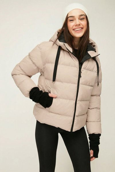 QAWWA Latte Women's Lined Water-Repellent Windproof Warm Fiber-Filled Winter Inflatable Coat