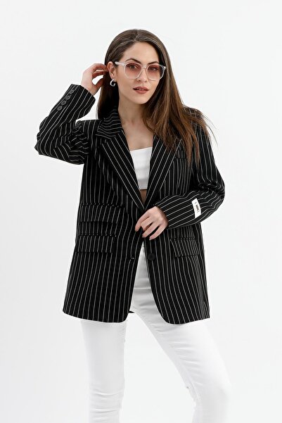 VELİZADE Jachetă blazer căptușită, căptușită, cu dungi negre, cu buzunare, cu...