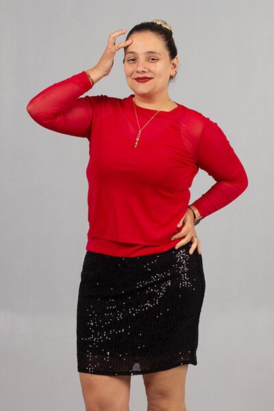 Truva XXL Red Plus Size Tulle Blouse and Suspender Tank Top Two-Piece Set - Attractive and Stylish