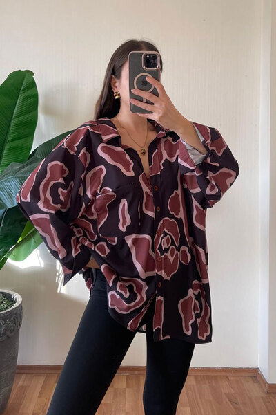 Nazline Women's Patterned Oversized Long Basic Shirt