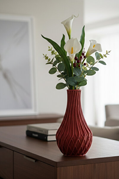 MEK مزهرية بلاستيكية مزخرفة بنمط مجعد باللون الأحمر (21×12 سم)