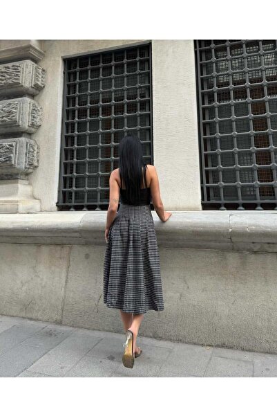 aytenli High Waist Half Belt Detailed Gipeli Front Openable Hidden Buttoned Slit Below Knee Plaid Skirt