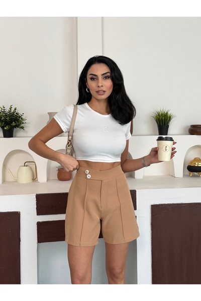 Cuyka Women's High Waist Hürrem Fabric Shorts – Classic Model with Double Button Detail on the Front