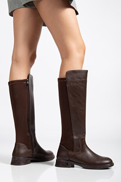 Dilimler Ayakkabı Brown Women's Boots Flat Sole Stretch Zippered