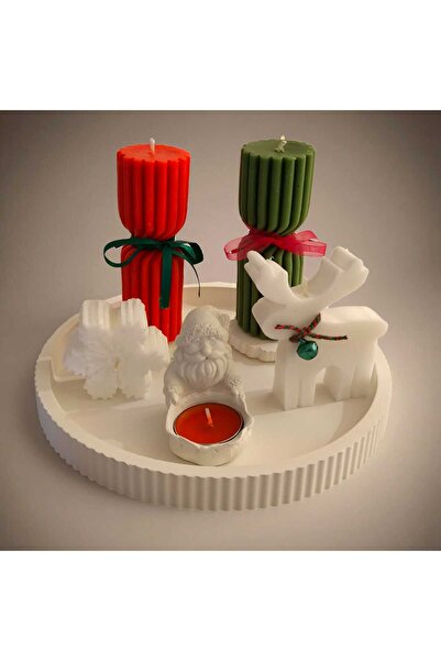 MODA Yılbaşı Kış Konsept Mum Seti – Taş Tozu Tepsi + 5’li El Yapımı Mum & Noe...