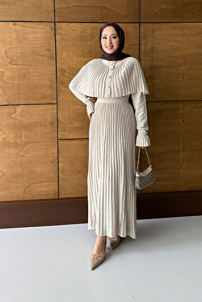 MODAQU Cape Detailed Pleated Long Knit Dress - Beige
