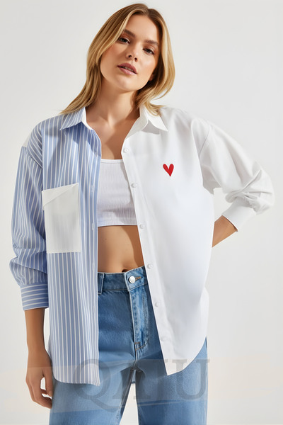 Qaju Women's Cotton Poplin Fabric Heart Detailed Design Oversized Shirt