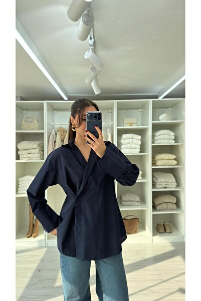 LUUNA STORE Flora Inner-Fastened Poplin Shirt - Navy Blue