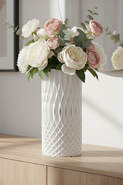 MEK Vază modernă din plastic cu textura optică brodată albă (20x10cm)