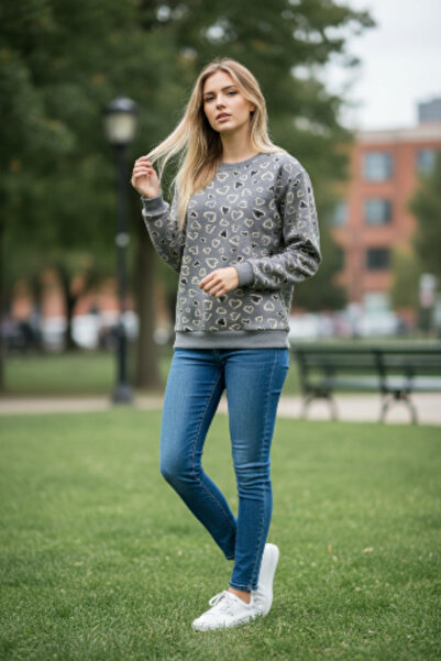 AHMERA Dark Gray Unisex Regular Fit Crew Neck Cuffed Heart Printed Sweatshirt