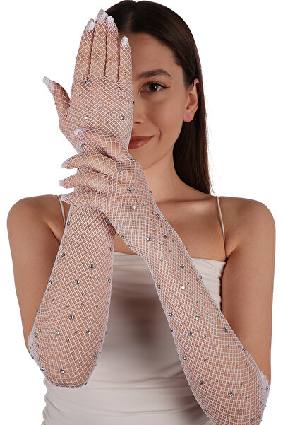 Limelia Taşlı Şık Gelin Eldiveni Düğün ve Balo Gecesi İçin Taşlı Tül Eldiven ...