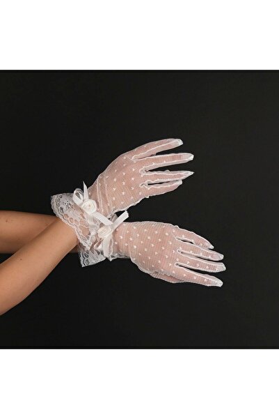 Limelia Beyaz Puantiyeli Gelin Kepi Ve Gül Detaylı Gelin Eldiveni