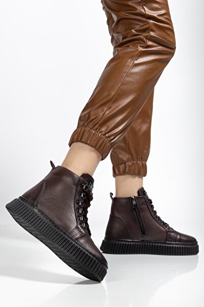 Dilimler Ayakkabı Genuine Leather Thick Sole Ring Lace-Up Brown Women's Boots