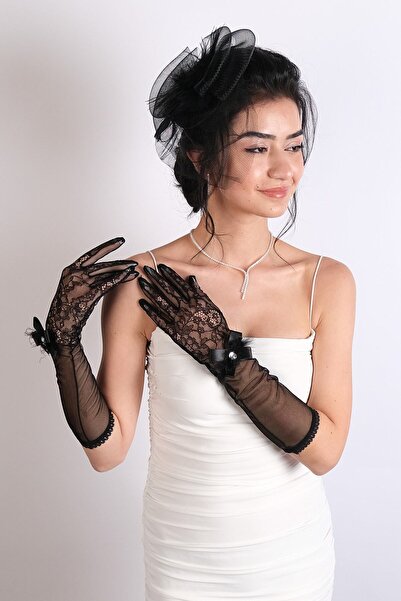 Limelia Set mănuși de mireasă și șapcă de nuntă cu panglică cu pene