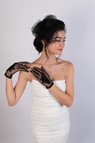 Limelia Black Polka Dot Bridal Cap and Floral Wedding Gloves