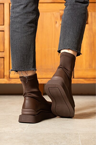 dabab shoes Women's Bitter Brown Stretch Diver Maxi Model Patent Leather Detailed Thick Poly Sole Boots