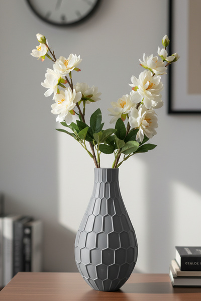 MEK مزهرية بلاستيكية مزخرفة بنمط خلية النحل الهندسي باللون الرمادي (22x15 سم)