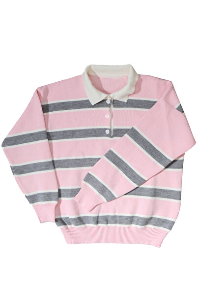 ASG TEKSTİL Striped Buttoned Polo Neck Women's Pink Color Knitwear Sweater