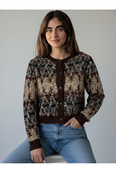 MADAM PARLA Kadın Retro Model Önden Düğmeli Kahverengi Cozy Hırka