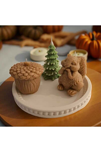 MODA El Yapımı Taş Tozu Tepsi Üzeri 3’lü Kokulu Dekoratif Mum Seti – Sincap, ...