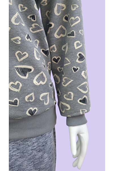 AHMERA Dark Gray Unisex Regular Fit Crew Neck Cuffed Heart Printed Sweatshirt