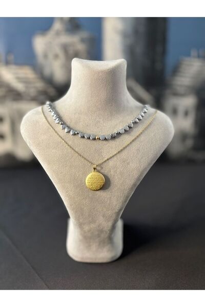 Tasarım Kalp şekilli Hematit Taşı ve 14 ayar Altın Toplu Choker Kolye