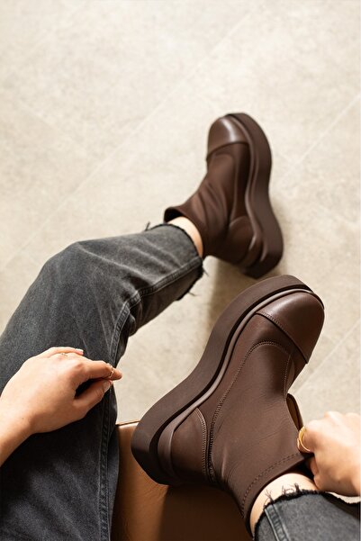 dabab shoes Women's Bitter Brown Stretch Diver Maxi Model Patent Leather Detailed Thick Poly Sole Boots