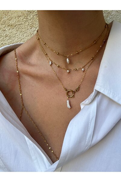 pop up store Gerçek Barok İnci Paslanmaz Çelik Kolye (Altın Kaplama)