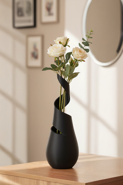 MEK مزهرية بلاستيكية مزخرفة بتصميم حلزوني باللون الأسود (21x7.5 سم)