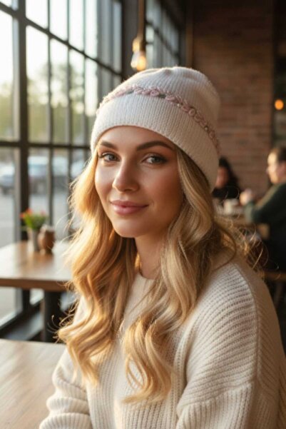 Tokuşka Örme Nakış Çiçek Desenli İnci Boncuk İşlemeli Kadın Ekru Kışlık Bere