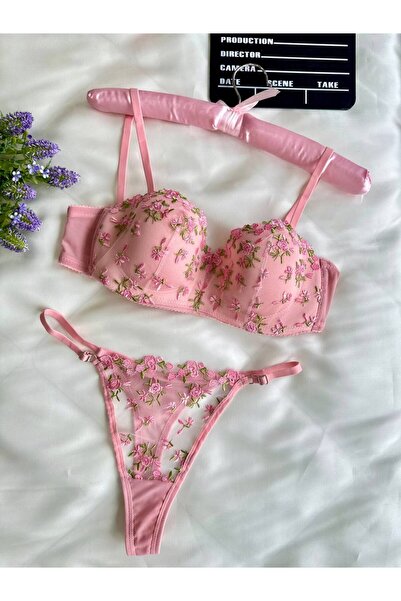 La Douce New Year Special Lotus Crispy Pink Floral Lace Bra and Thong Lingeri...