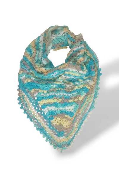 Tokuşka Knitted Patterned Triangle White Tassel Shoulder Shawl