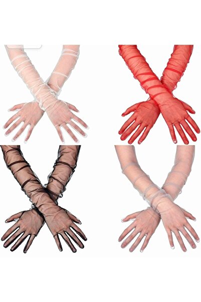 Limelia Kırmızı Uzun Tül Eldiven Kına Eldiveni Gelin Eldiveni Abiye Eldiveni Parti Kostüm Eldiveni