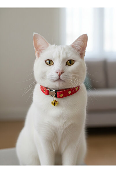 balkonda طوق قابل للتعديل للقطط مصنوع من الجلد الطبيعي باللون الأحمر مع جرس
