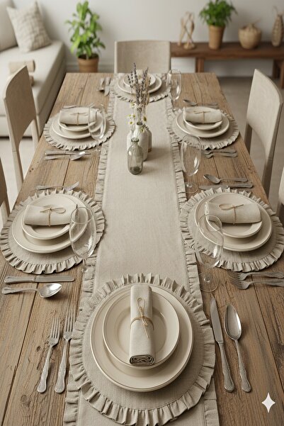 Le Touche Fırfırlı Runner ve Supla Takımı Masa Örtüsü Takımı 7 Parça 150x50