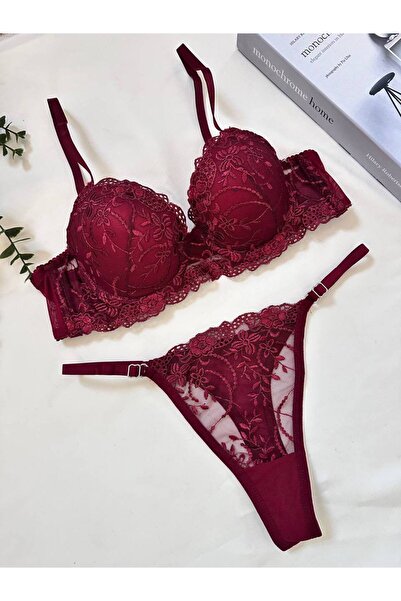 La Douce Set de lenjerie intimă de Anul Nou, cu model de flori burgundă, suti...