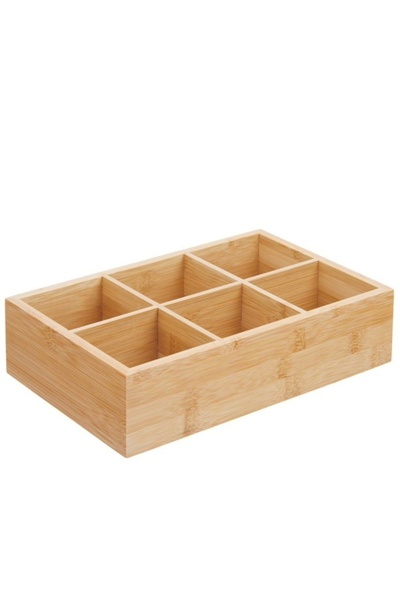 PUFO bamboo box with 6 compartments and glass lid for tea bags - elegant organizer, 30 x 18 x 9 cm