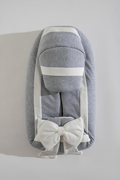 Magu Baby Gray Cotton Stroller Bed & Swaddle – with Bow, Soft Support