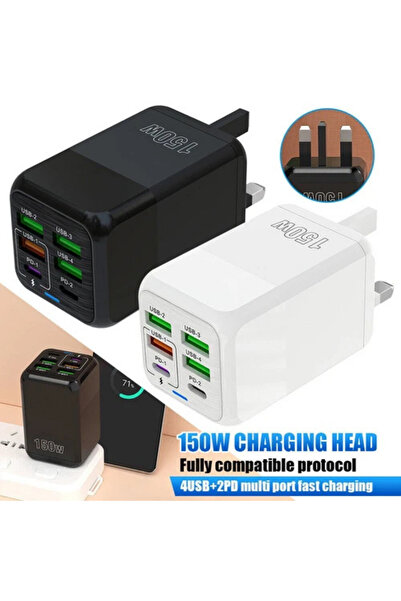 First pro 150W 6-Port Fast Charger UK Plug – Multi-Device Mobile & Travel Charging Adapter (White)