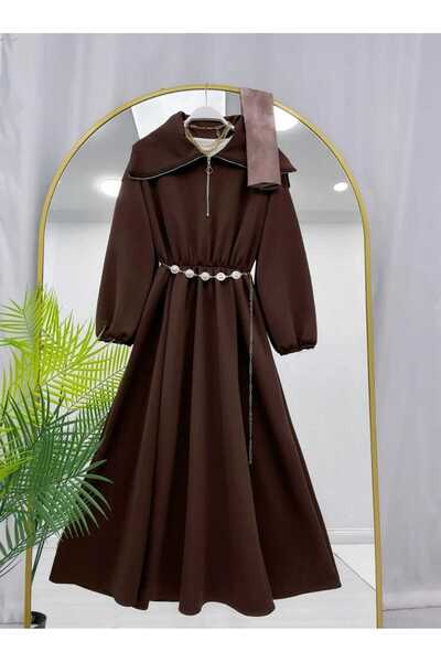 MODA VEDAT Women's Collar Zipper Detailed Scuba Dress -0580