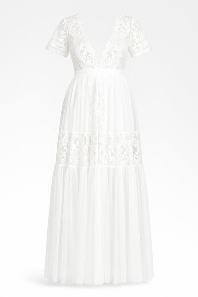 zahyat Long white lace lingerie with sheer sleeves