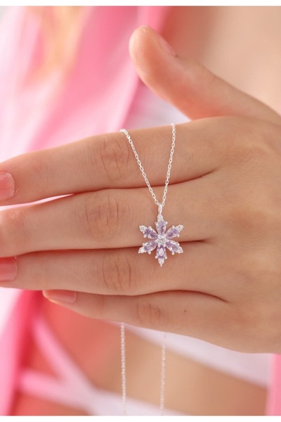 stainless steell gümüş renk lila damla taşlı lotus kamelya çiçeği çelik kolye