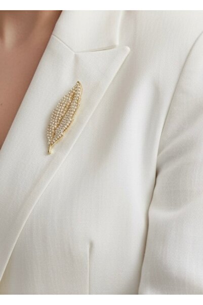 MODAMİRA AKSESUAR Altın Rengi Detaylı İncili Yaprak Broş | Boy: 5 cm