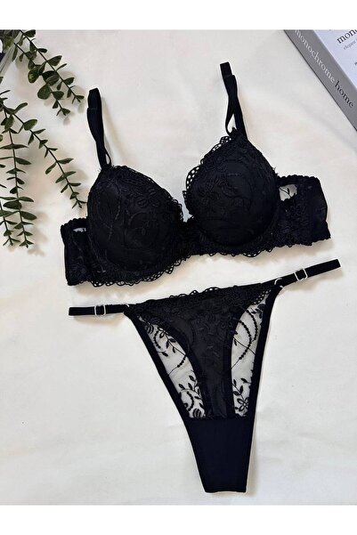 La Douce Set de lenjerie intimă cu sutien cu dantelă cu model de flori negre