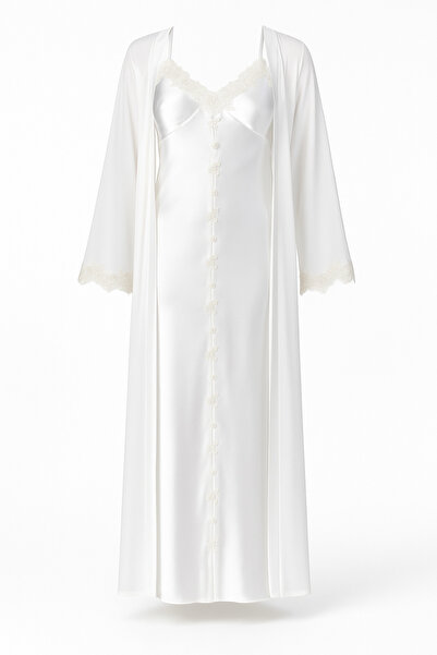 zahyat Long white satin embroidered lingerie set