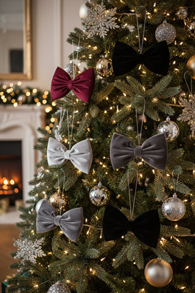 JACA Yılbaşı Ağacı Süsü Noel Ağacı Kadife Kumaş Fiyonk Süs Seti