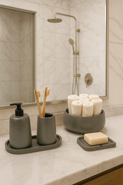 Zigzag Home Dekoratif 5 Parça Bohem Tarz Banyo Seti Sıvı Sabunluk Katı Sabunluk Diş Fırçalık Tepsi ve Havluluk