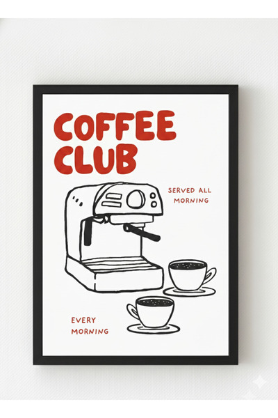 MIOVI Siyah Ahşap Çerçeveli Coffee Club Poster – Minimal Kahve Makinesi Çizim...