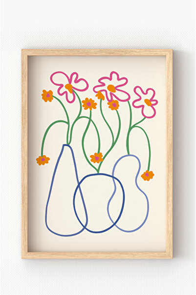 MIOVI Ahşap Çerçeveli Renkli Çiçek Çizgi Sanatı Poster – Minimal Line Art Duv...