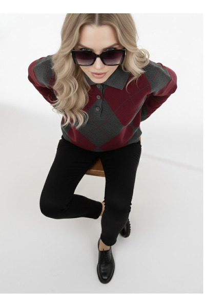 meday Clothing Lux Vintage Baklava Patterned, Polo Neck, Premium Knitwear Sweater